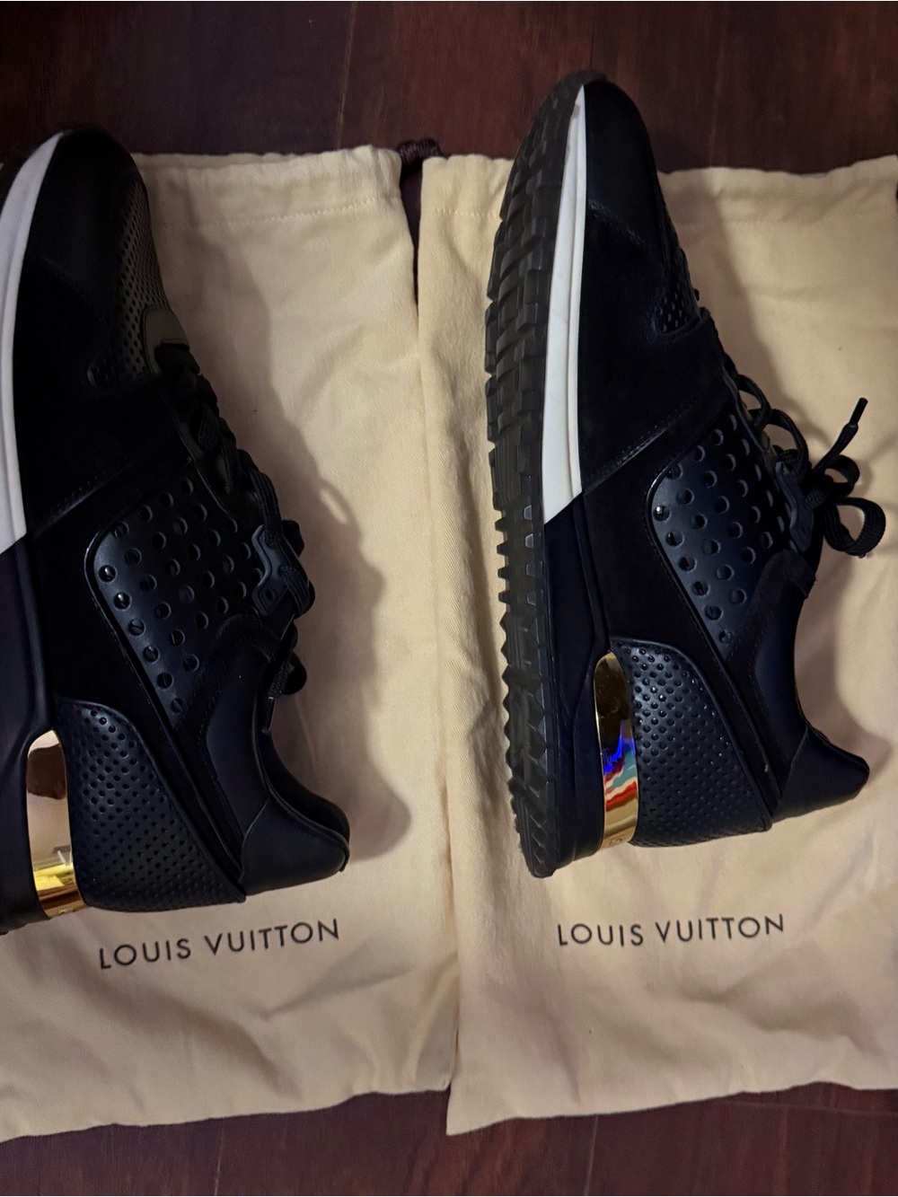 Louis Vuitton Black Sneakers with Gold Heel Trim